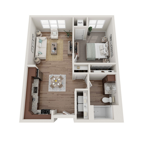 Floor plan for 1 bed, 1 bath, 891 sqft